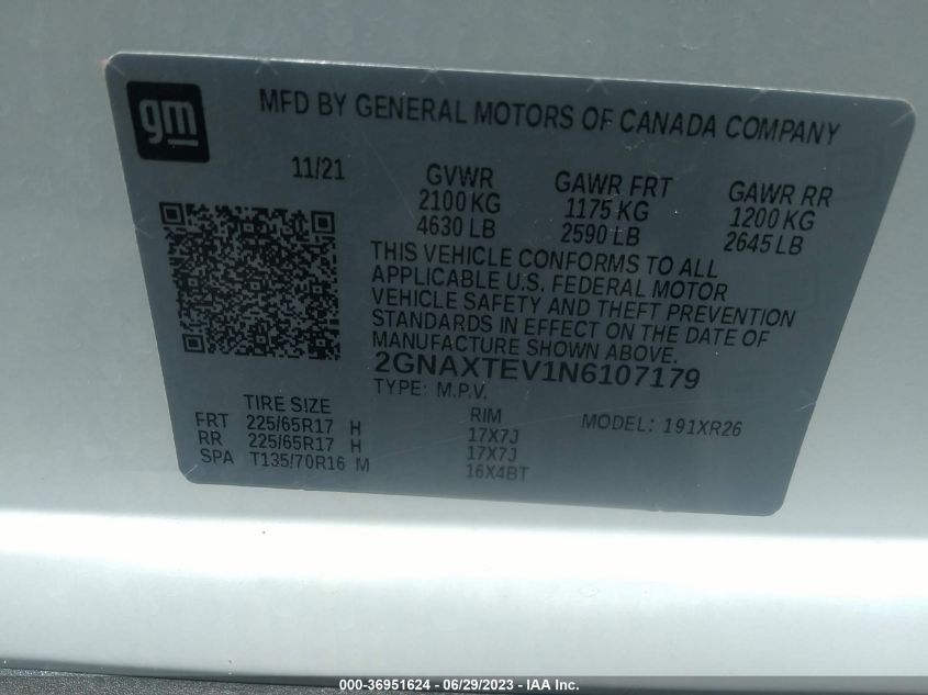 2022 CHEVROLET EQUINOX LT - 2GNAXTEV1N6107179