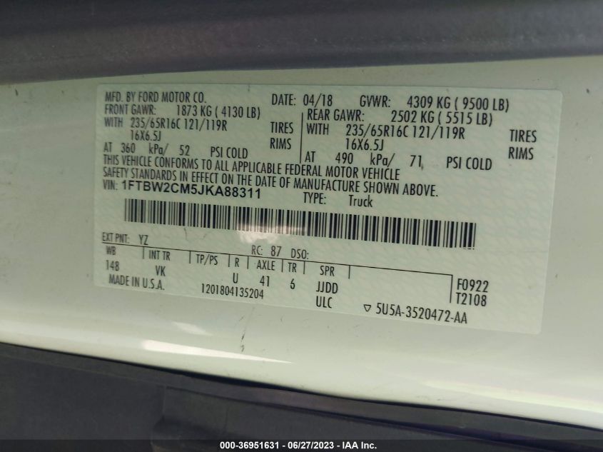 2018 FORD TRANSIT VAN - 1FTBW2CM5JKA88311