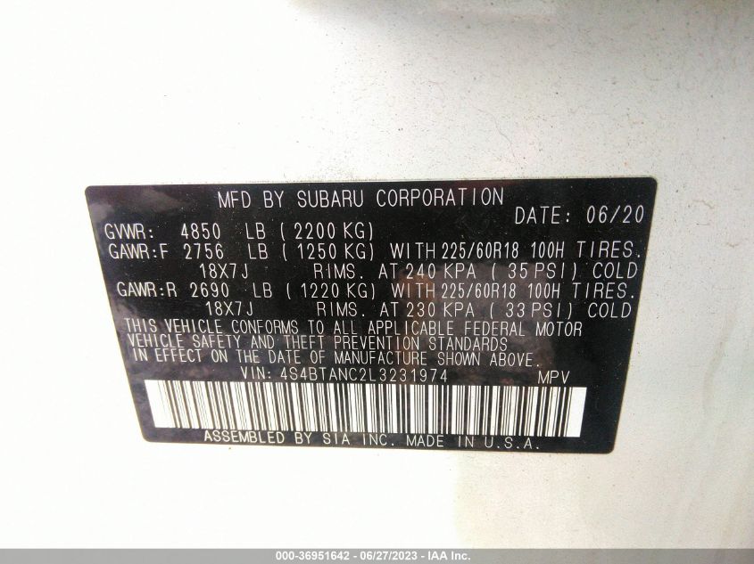 2020 SUBARU OUTBACK LIMITED - 4S4BTANC2L3231974