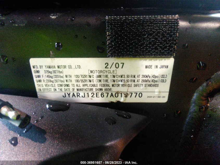 2007 YAMAHA YZFR6 L JYARJ12E67A019770