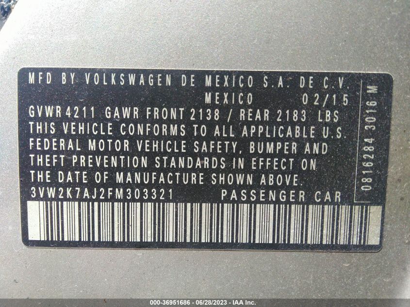 2015 VOLKSWAGEN JETTA SEDAN 2.0L S - 3VW2K7AJ2FM303321