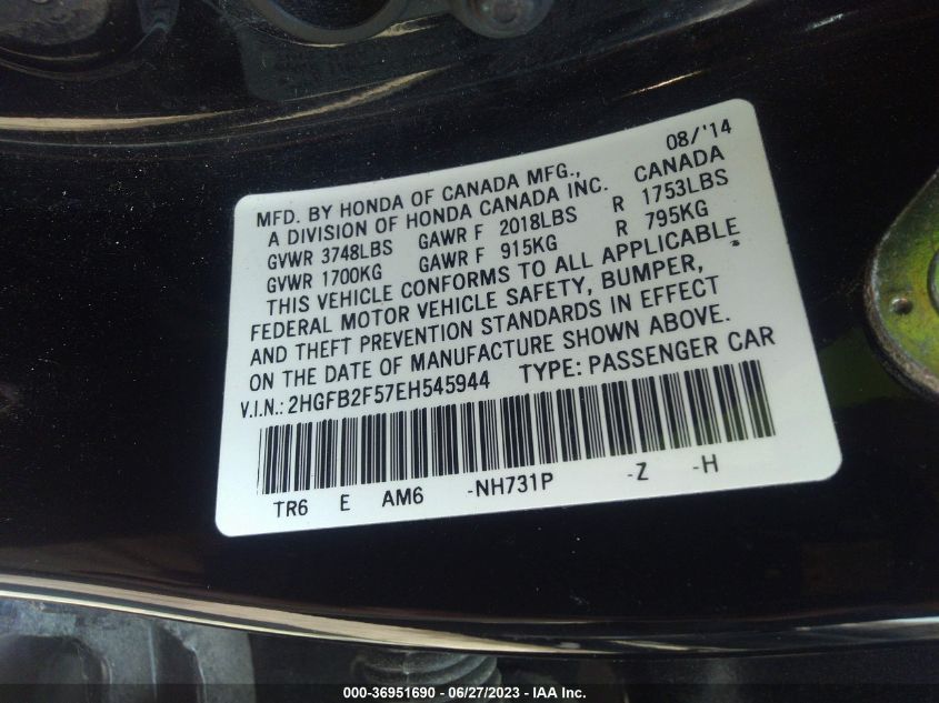 2014 HONDA CIVIC SEDAN LX - 2HGFB2F57EH545944