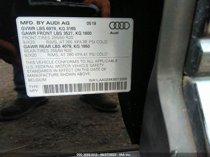 2019 AUDI E-TRON PREMIUM PLUS WA1LAAGE6KB013595