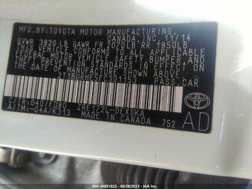 2015 TOYOTA COROLLA L/LE/S/S PLUS/LE PLUS - 2T1BURHE5FC301153