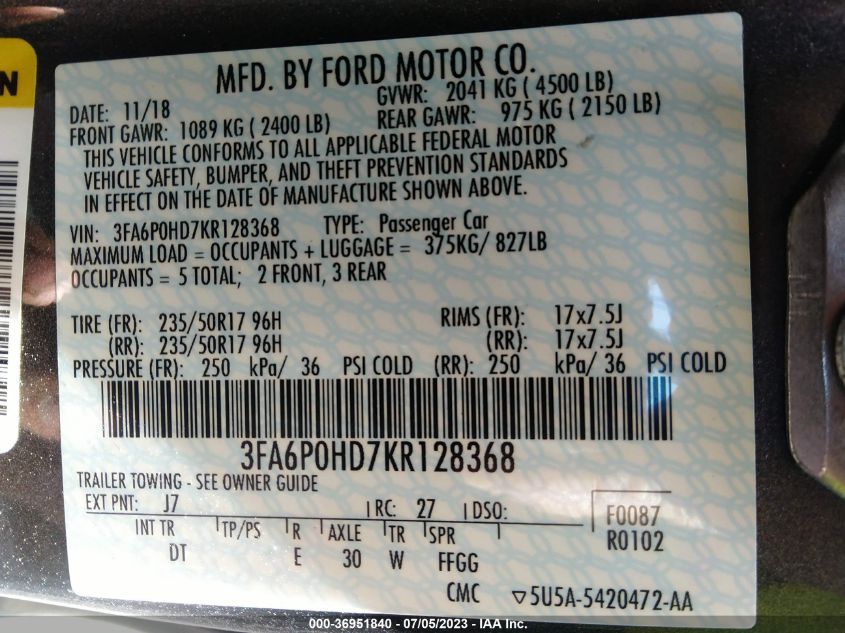 2019 FORD FUSION SE - 3FA6P0HD7KR128368