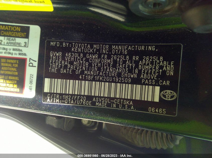 2016 TOYOTA CAMRY XLE/SE/LE/XSE - 4T1BF1FK2GU192509