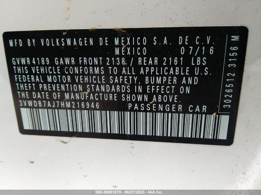2017 VOLKSWAGEN JETTA 1.4T SE - 3VWDB7AJ7HM216946