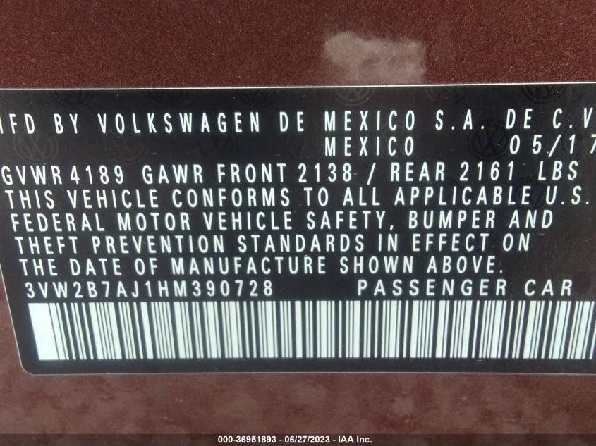 2017 VOLKSWAGEN JETTA S - 3VW2B7AJ1HM390728
