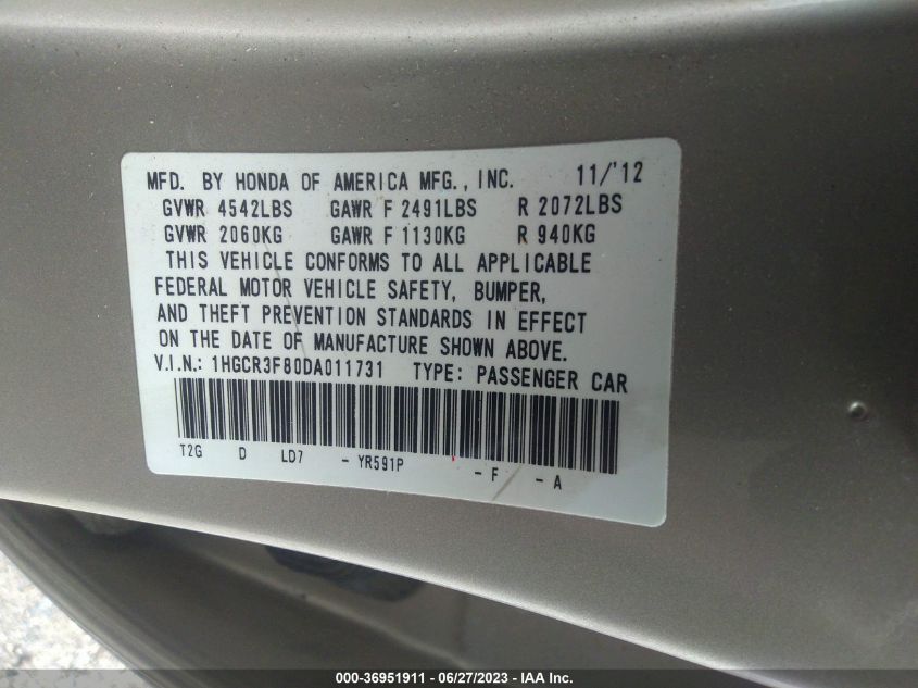 2013 HONDA ACCORD SDN EX-L - 1HGCR3F80DA011731