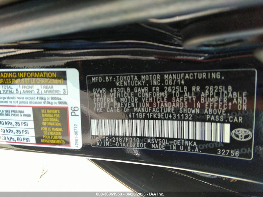 2014 TOYOTA CAMRY L/LE/XLE/SE/SE SPORT - 4T1BF1FK9EU431132