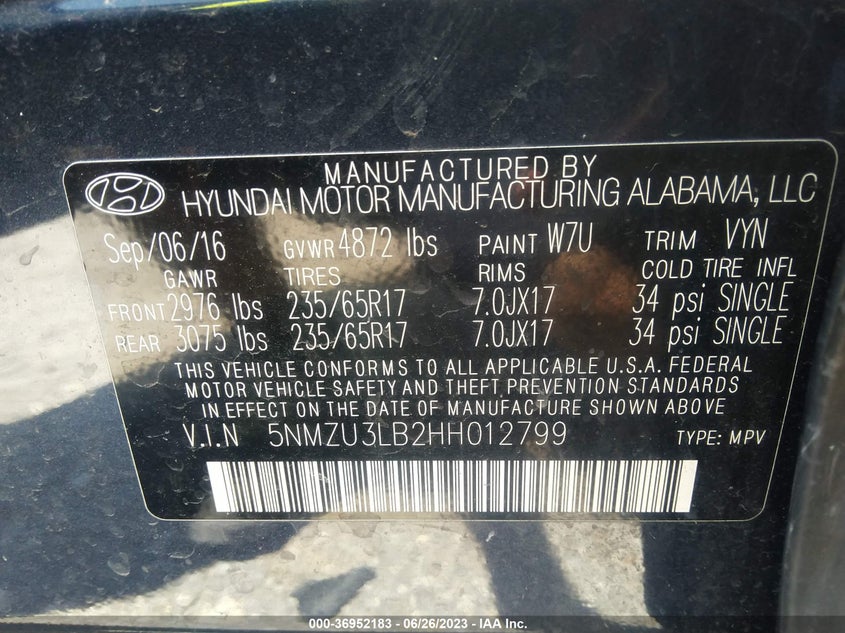 VIN 5NMZU3LB2HH012799 2017 HYUNDAI SANTA FE SPORT 2.4L
