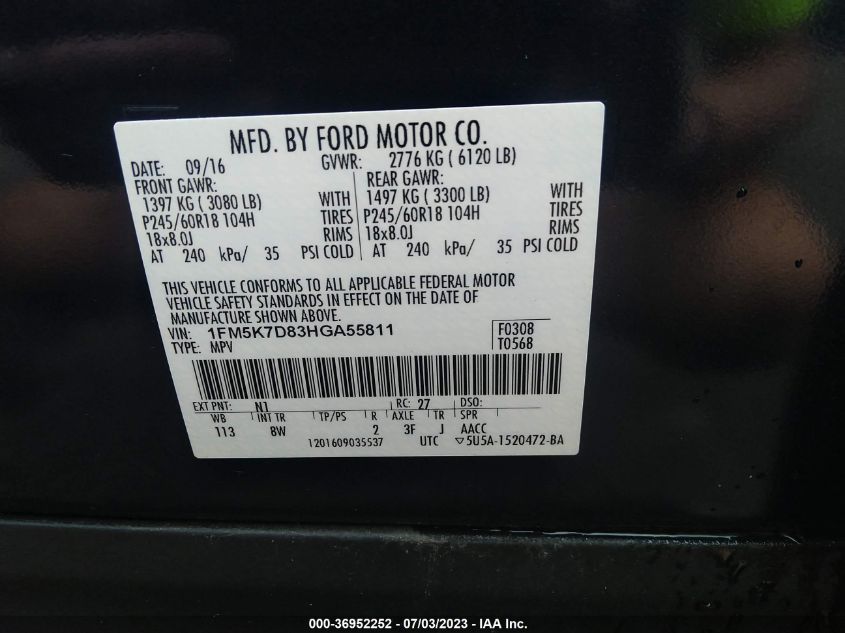 2017 FORD EXPLORER XLT - 1FM5K7D83HGA55811