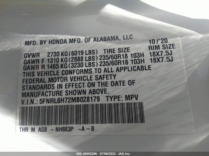 5FNRL6H72MB028179 2021 HONDA ODYSSEY, photo no. 9