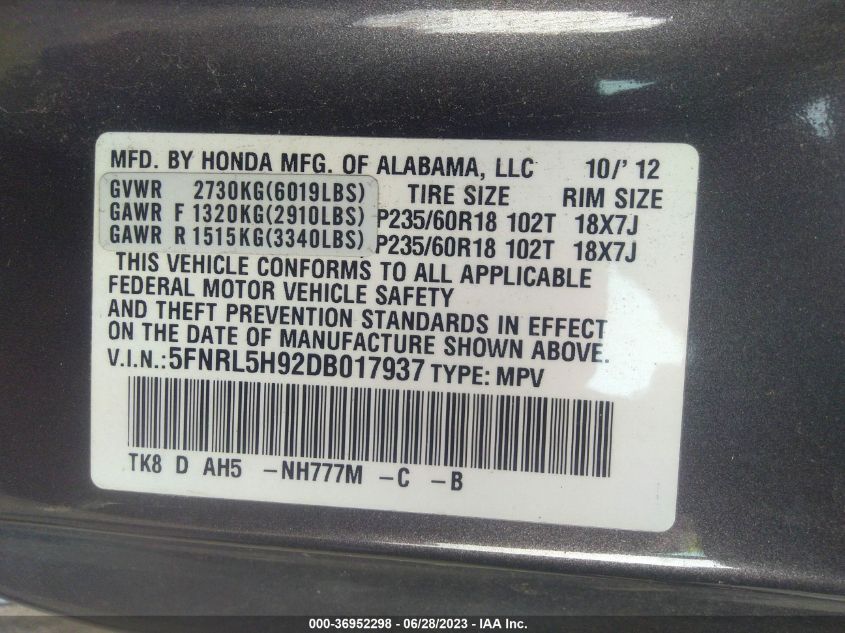2013 HONDA ODYSSEY TOURING/TOURING ELITE - 5FNRL5H92DB017937