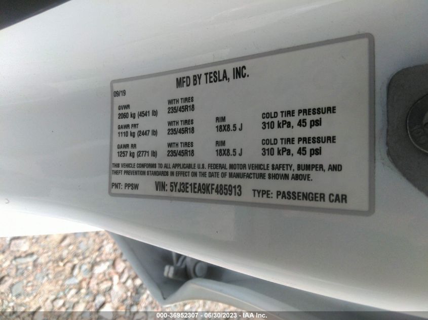 2019 TESLA MODEL 3 RANGE - 5YJ3E1EA9KF485913