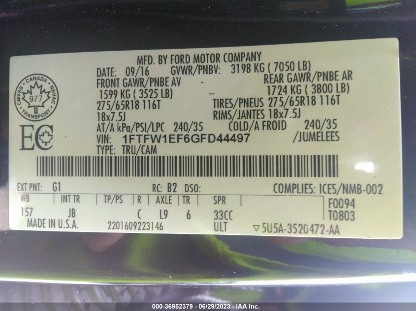 2016 FORD F-150 XLT/XL/LARIAT/PLATINUM - 1FTFW1EF6GFD44497
