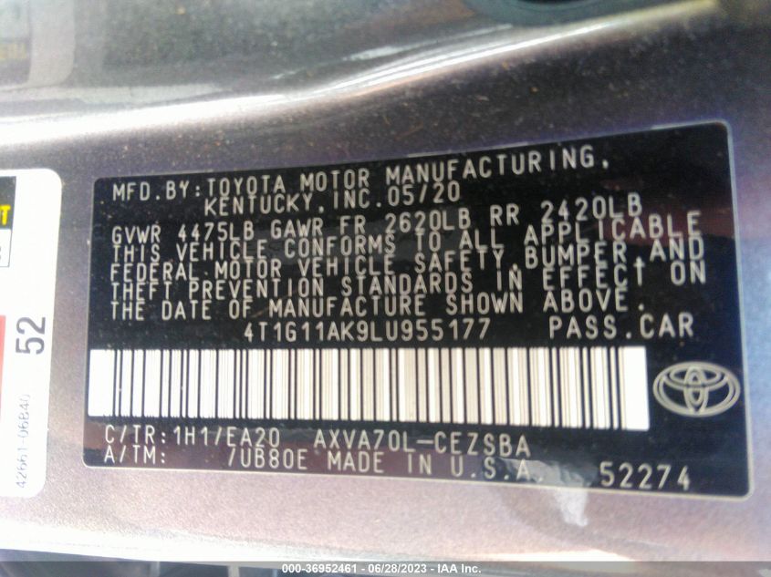 2020 TOYOTA CAMRY SE - 4T1G11AK9LU955177
