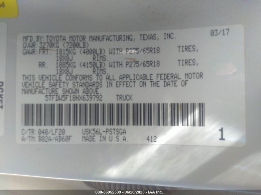 2017 TOYOTA TUNDRA 4WD SR5/TRD PRO - 5TFDW5F18HX639792