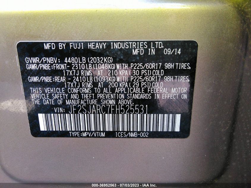 2015 SUBARU FORESTER 2.5I LIMITED - JF2SJARC7FH525531