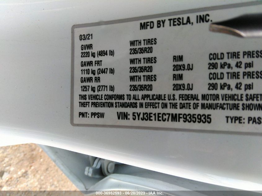 2021 TESLA MODEL 3 PERFORMANCE - 5YJ3E1EC7MF935935