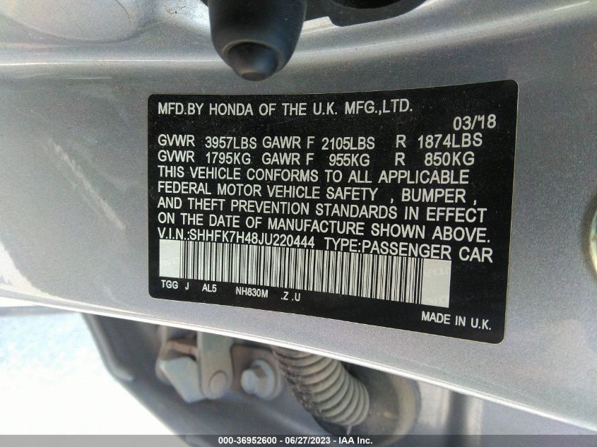 2018 HONDA CIVIC HATCHBACK SPORT - SHHFK7H48JU220444