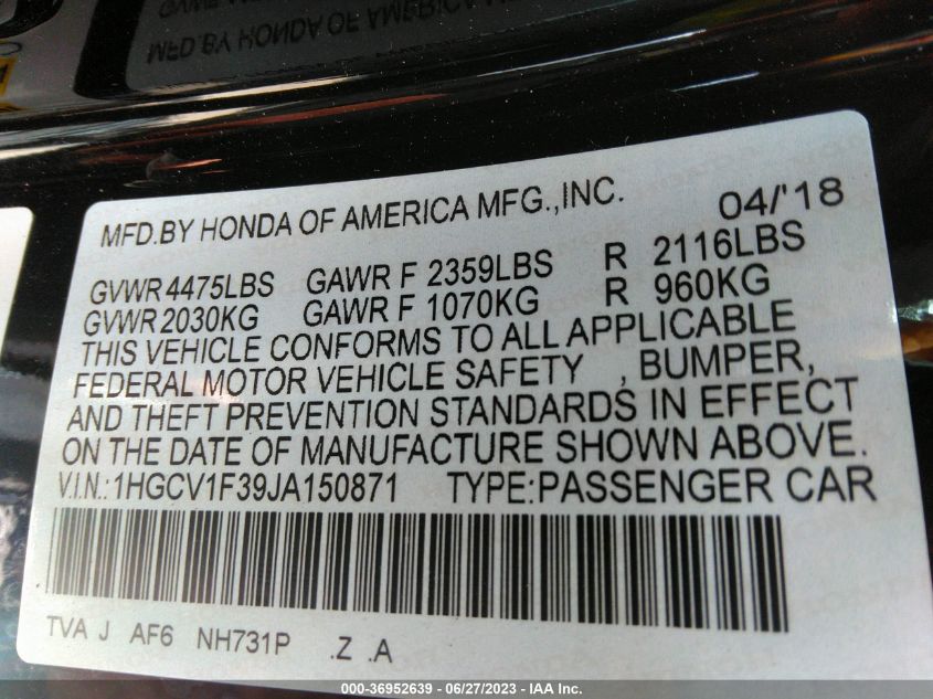 2018 HONDA ACCORD SEDAN SPORT 1.5T - 1HGCV1F39JA150871
