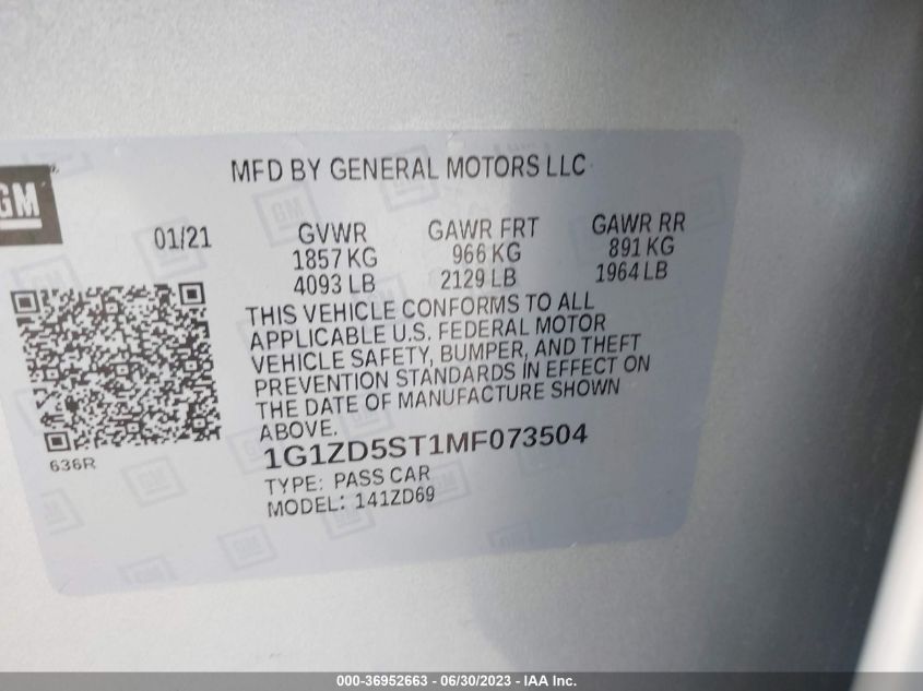 2021 CHEVROLET MALIBU LT - 1G1ZD5ST1MF073504