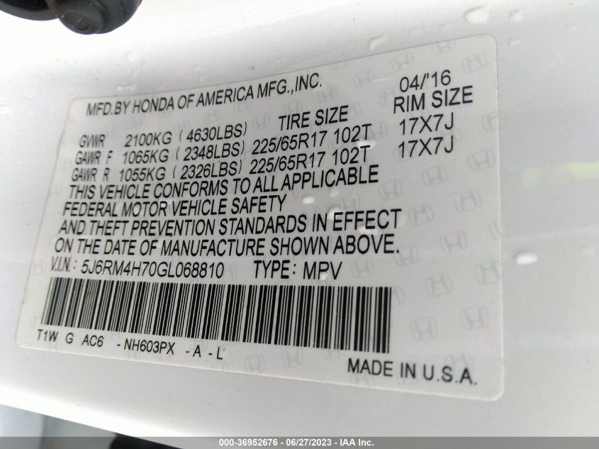 2016 HONDA CR-V EX-L - 5J6RM4H70GL068810