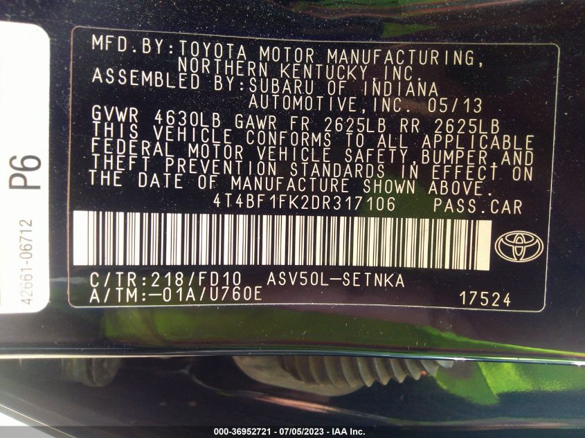 2013 TOYOTA CAMRY L/LE/SE/XLE - 4T4BF1FK2DR317106