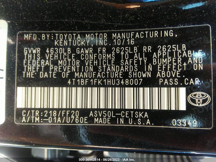 2017 TOYOTA CAMRY XLE/SE/LE/XSE - 4T1BF1FK1HU348007