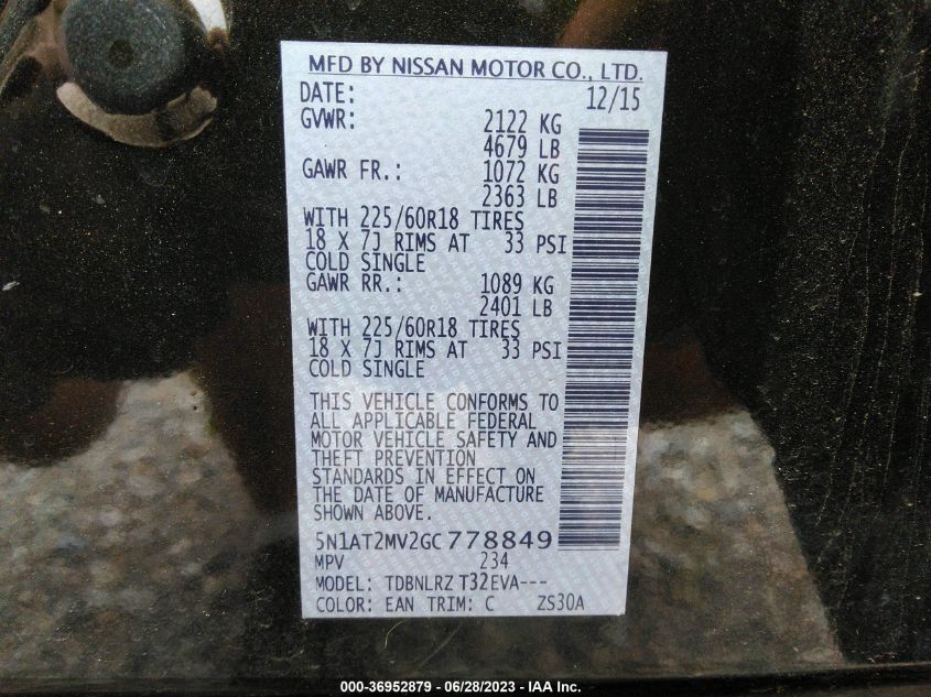 2016 NISSAN ROGUE S/SL/SV - 5N1AT2MV2GC778849