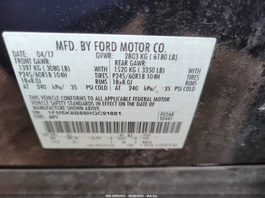 2017 FORD EXPLORER BASE - 1FM5K8B88HGC91881