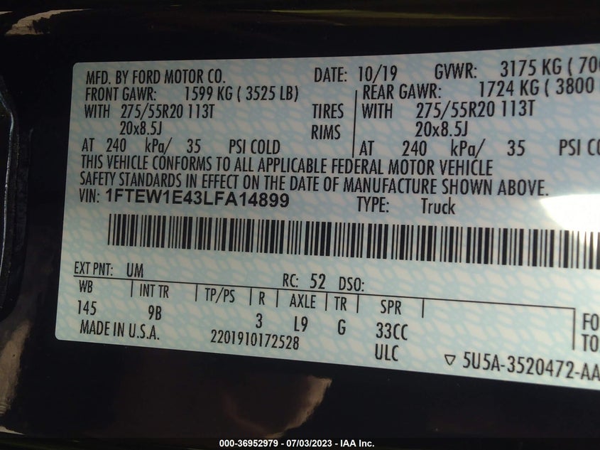 VIN 1FTEW1E43LFA14899 2020 FORD F150 SUPERCREW