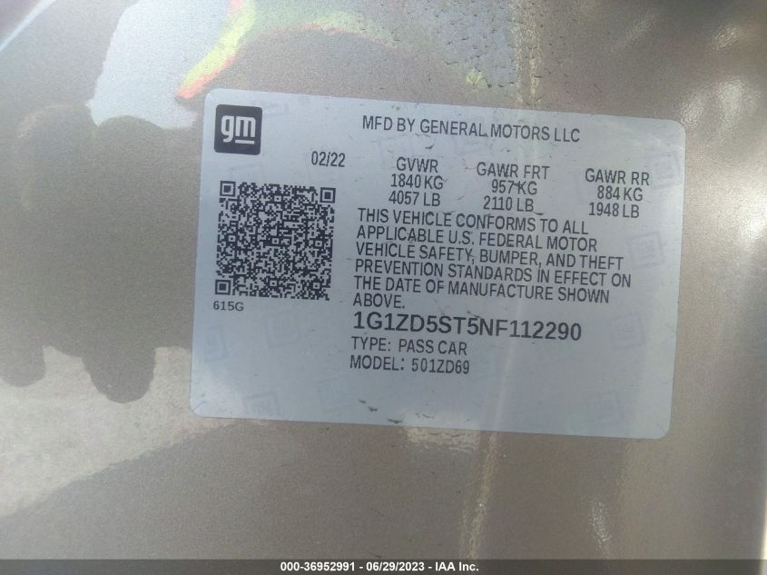 2022 CHEVROLET MALIBU LT - 1G1ZD5ST5NF112290