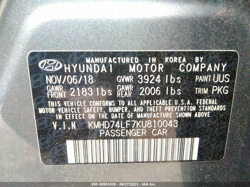 2019 HYUNDAI ELANTRA SE - KMHD74LF7KU810043