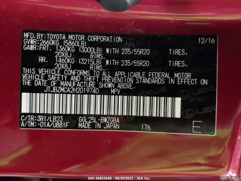 2017 LEXUS RX RX 350 - JTJBZMCA2H2019740