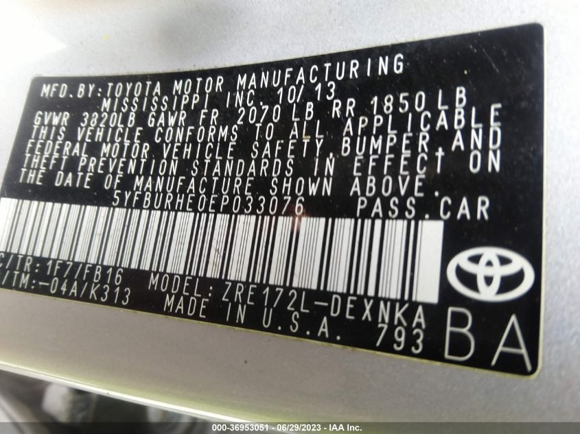 2014 TOYOTA COROLLA L/LE/S/S PLUS/LE PLUS - 5YFBURHE0EP033076