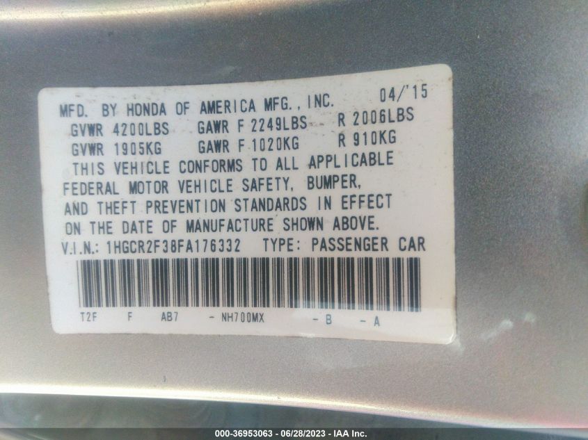 2015 HONDA ACCORD SEDAN LX - 1HGCR2F38FA176332