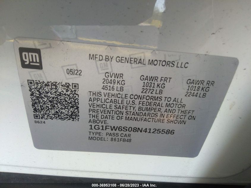 2022 CHEVROLET BOLT EV 1LT 1G1FW6S08N4125586