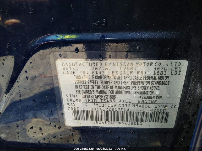2019 NISSAN SENTRA SR - 3N1AB7AP3KY218061