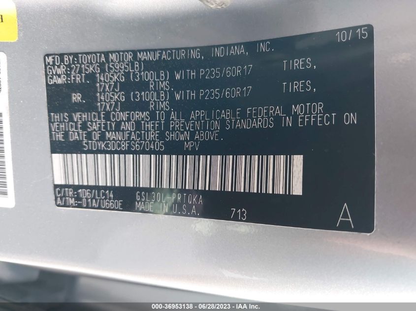 2015 TOYOTA SIENNA XLE/XLE AAS/LTD - 5TDYK3DC8FS670405