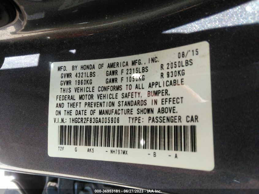2016 HONDA ACCORD SEDAN EX-L - 1HGCR2F83GA005906