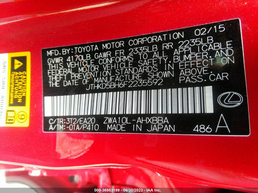 2015 LEXUS CT 200H HYBRID - JTHKD5BH6F2235592