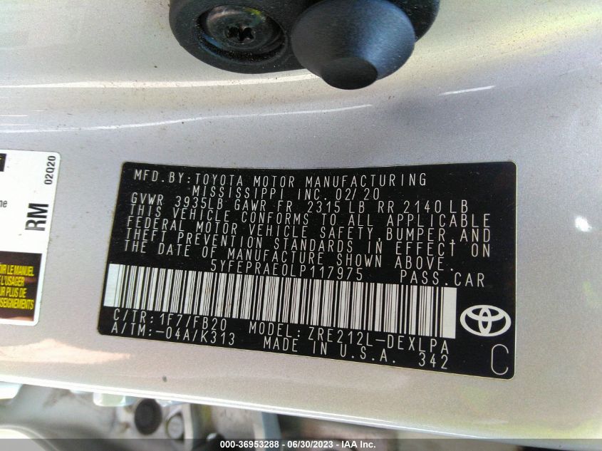 2020 TOYOTA COROLLA LE - 5YFEPRAE0LP117975