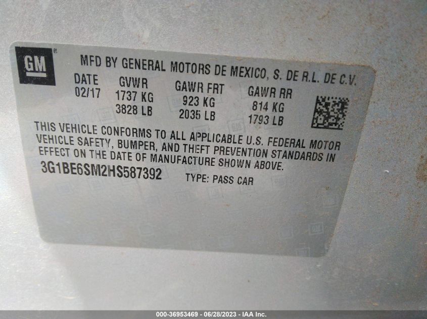 2017 CHEVROLET CRUZE LT - 3G1BE6SM2HS587392