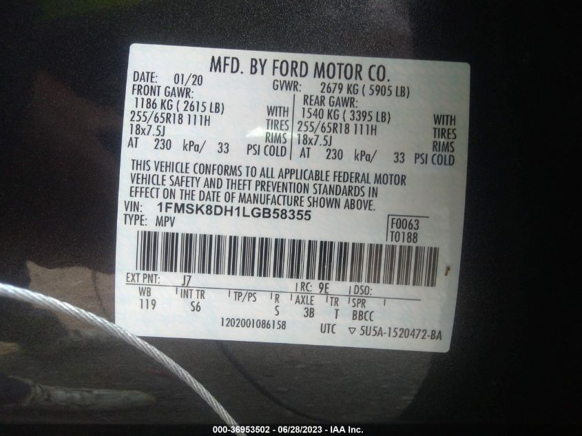 2020 FORD EXPLORER XLT - 1FMSK8DH1LGB58355