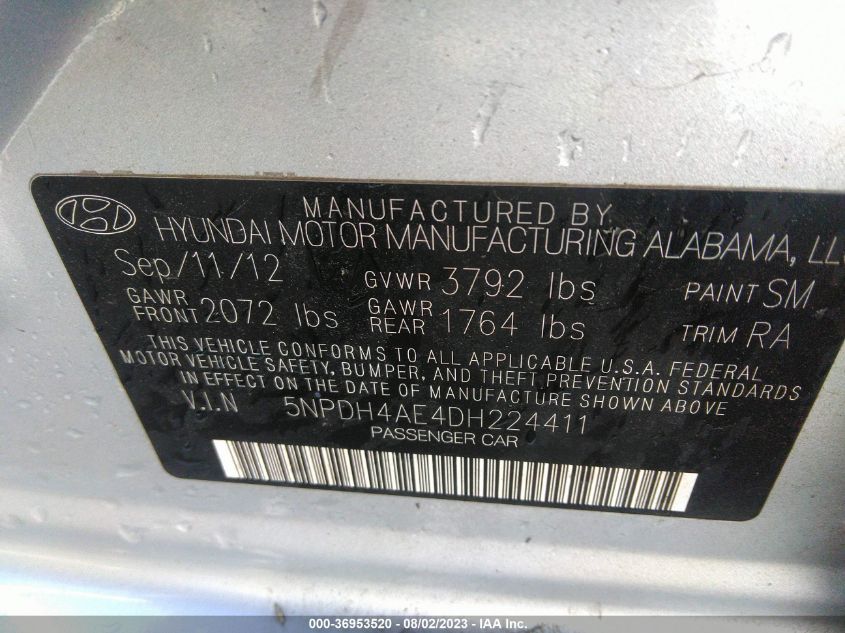 2013 HYUNDAI ELANTRA LIMITED PZEV - 5NPDH4AE4DH224411