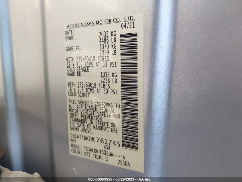 VIN 5N1AT3BA2MC761745 2021 NISSAN ROGUE SV