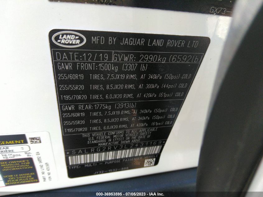2020 LAND ROVER DISCOVERY SE - SALRG2RV3L2431169