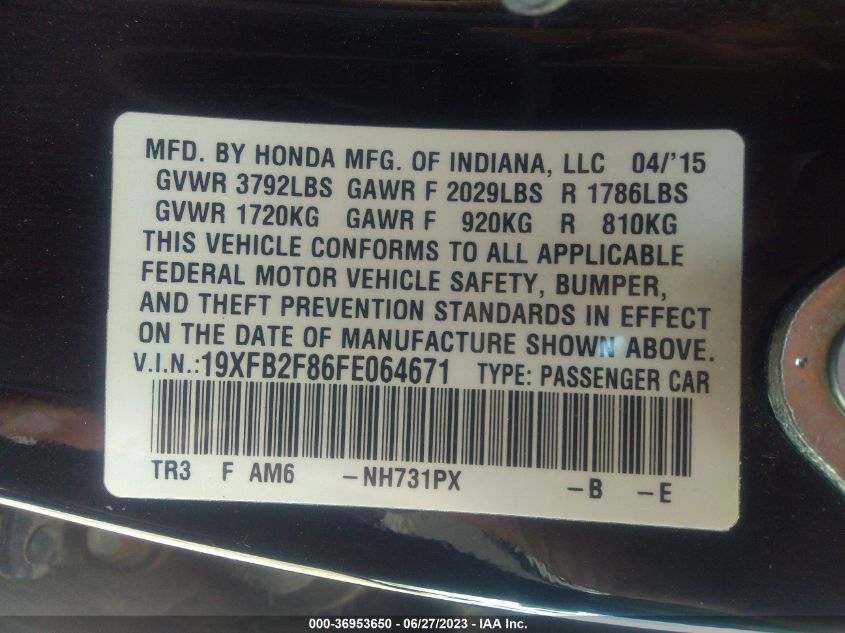 2015 HONDA CIVIC SEDAN EX - 19XFB2F86FE064671